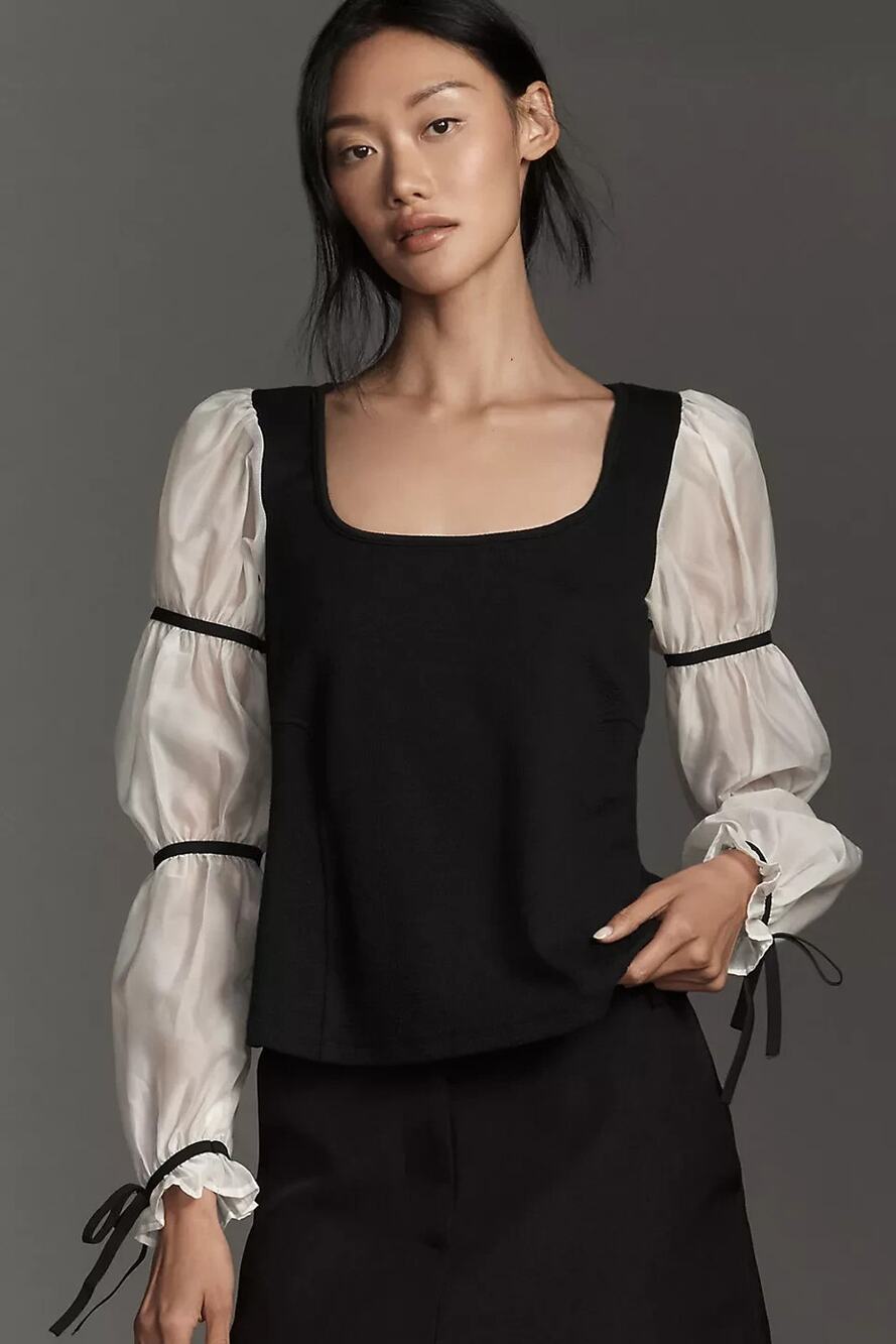 Anthropologie Maeve Balloon Sleeve Top Black White XS Peasant
